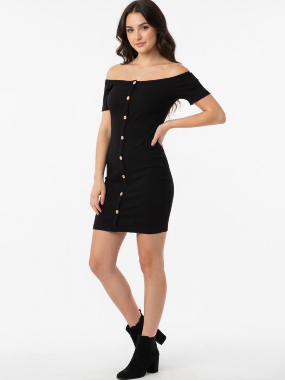 Fashion Nova Off-Shoulder Black Mini Dress with Gold Buttons